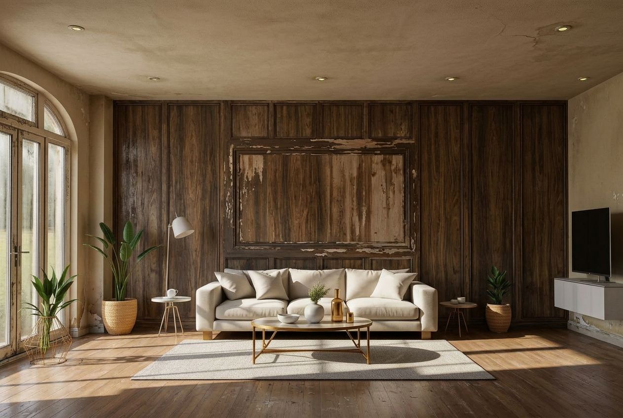 Living room with dated dark wood paneling before painting